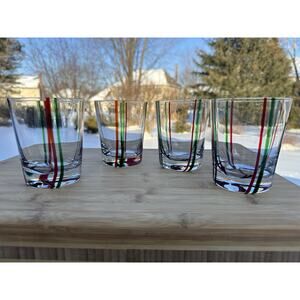 Block Yuletide Double Old Fashioned 4.25”Red Green Striped Glasses~set Of 4